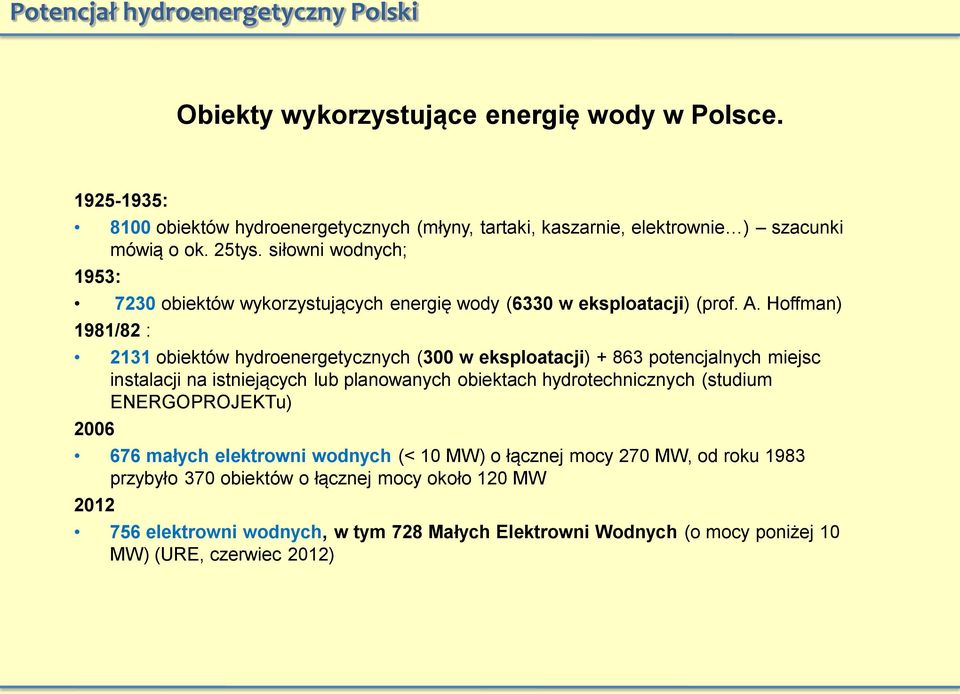 siłowni wodnych; 1953: 7230 obiektów wykorzystujących energię wody (6330 w eksploatacji) (prof. A.