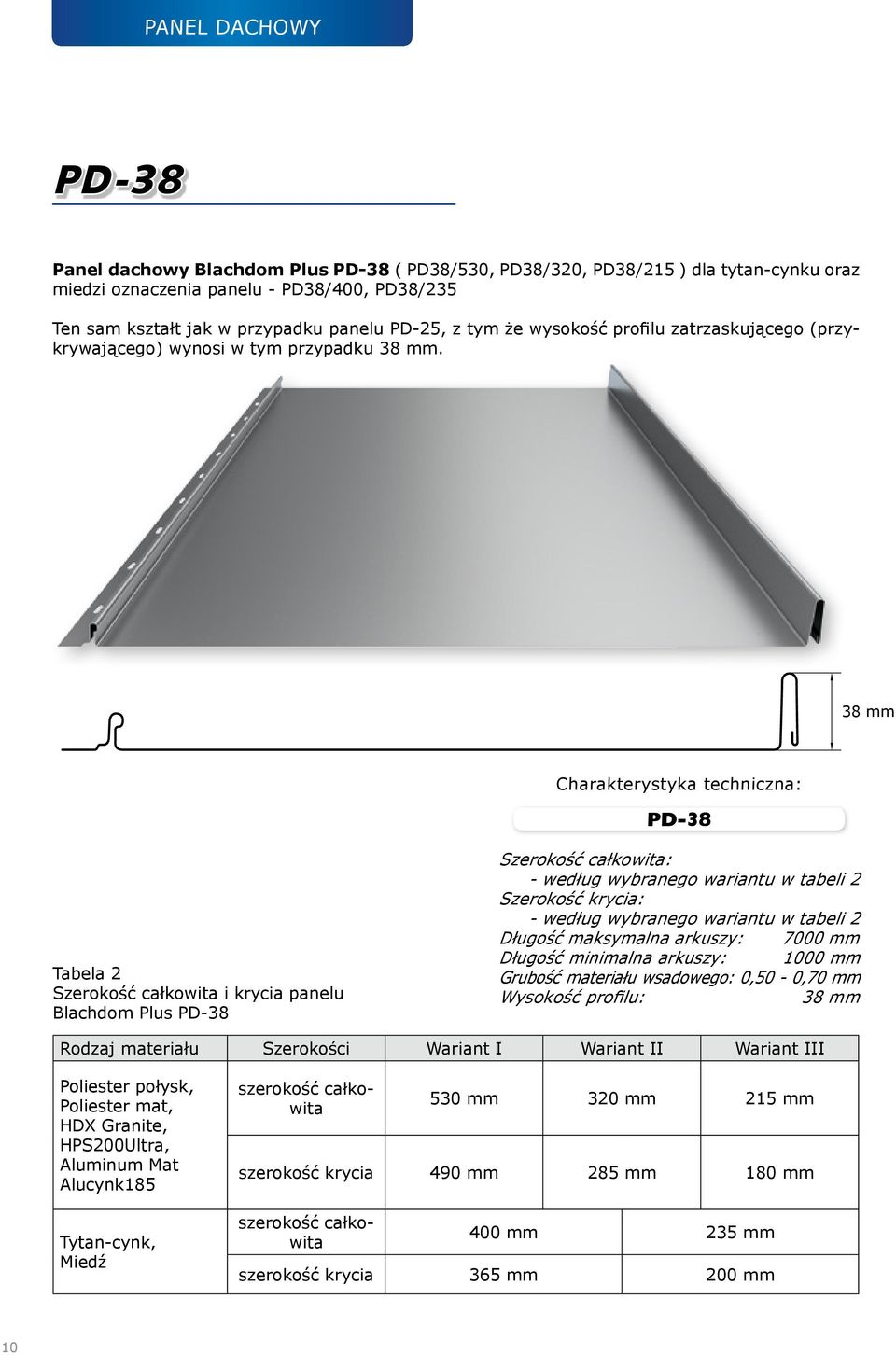 38 mm Charakterystyka techniczna: PD-38 Tabela 2 Szerokość całkowita i krycia panelu Blachdom Plus PD-38 Szerokość całkowita: - według wybranego wariantu w tabeli 2 Szerokość krycia: - według