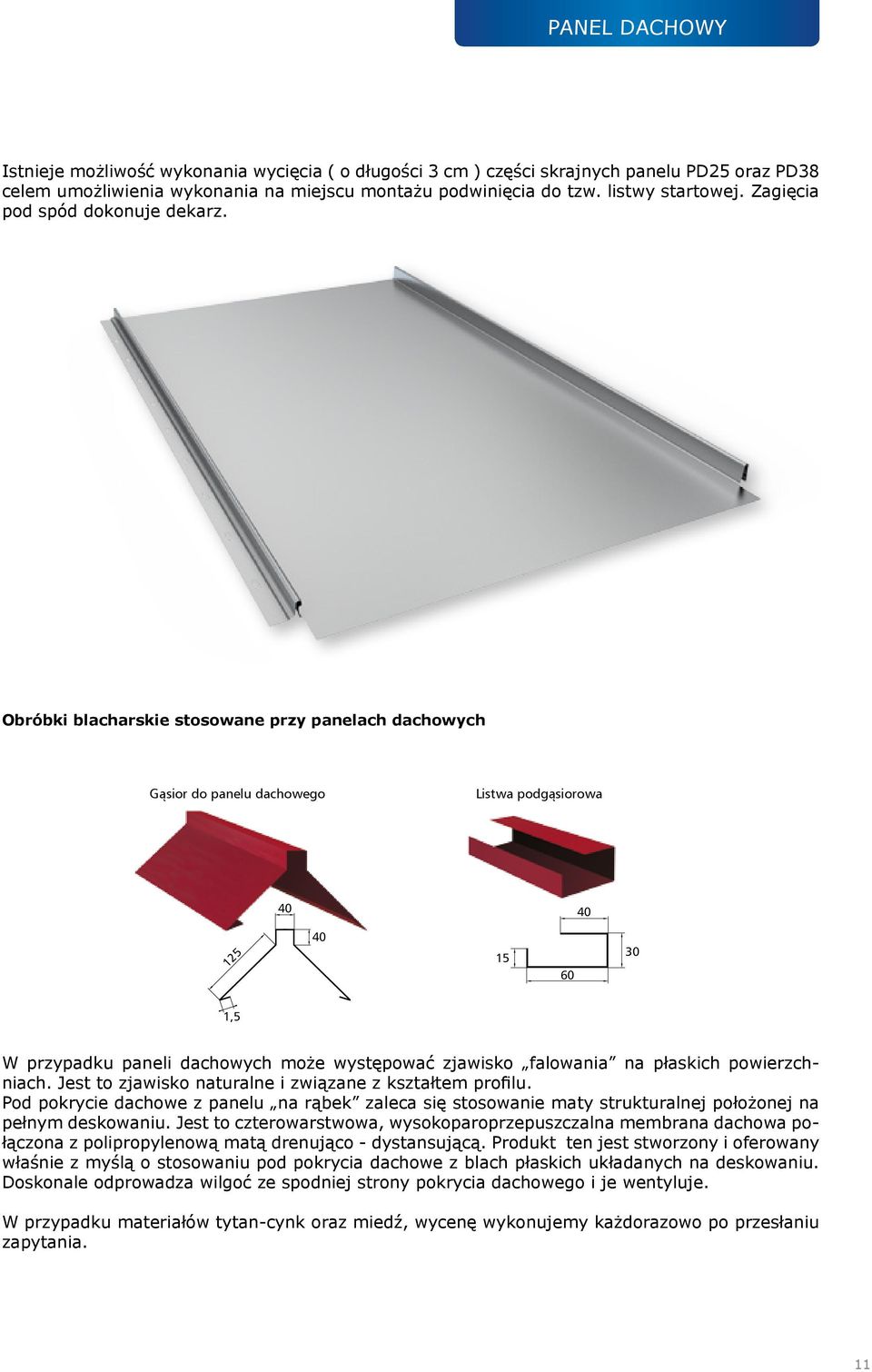 Obróbki blacharskie stosowane przy panelach dachowych Gąsior do panelu dachowego Listwa podgąsiorowa 40 40 125 40 15 60 30 1,5 W przypadku paneli dachowych może występować zjawisko falowania na