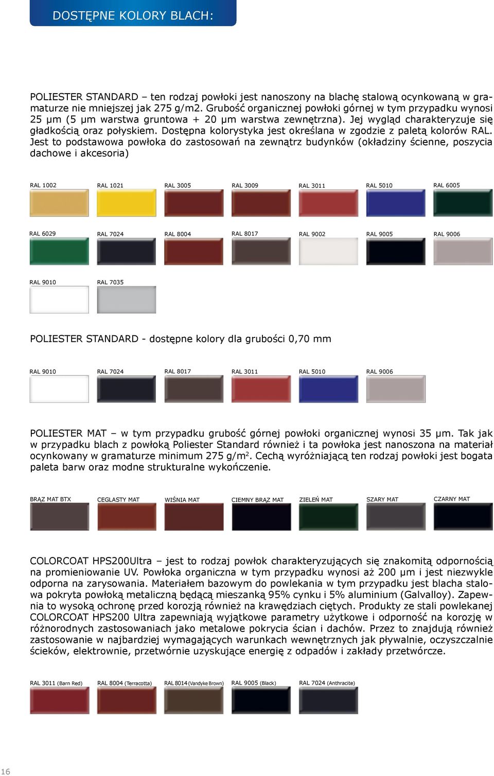 Dostępna kolorystyka jest określana w zgodzie z paletą kolorów RAL.