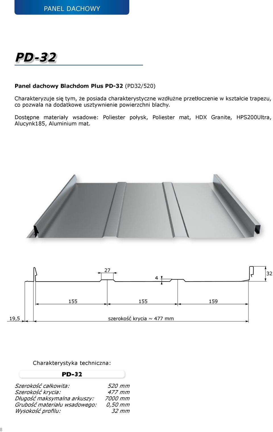 Dostępne materiały wsadowe: Poliester połysk, Poliester mat, HDX Granite, HPS200Ultra, Alucynk185, Aluminium mat.