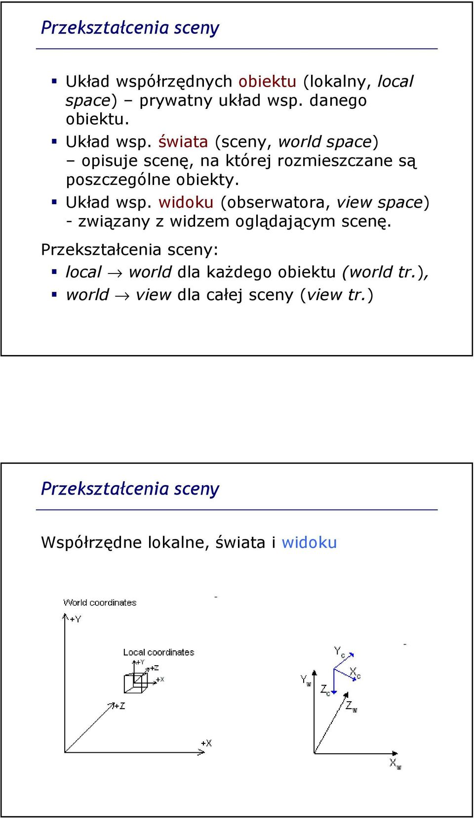 widoku (obserwatora, view space) - związany z widzem oglądającym scenę.