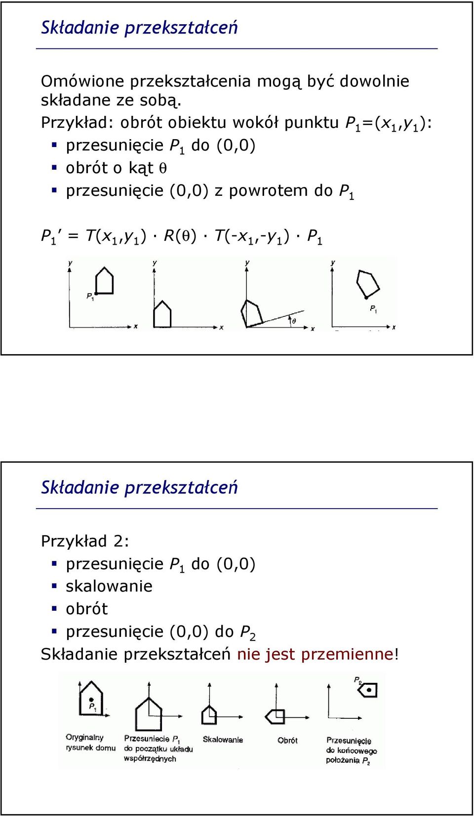 przesunięcie (,) z powrotem do P 1 P 1 = T(x 1,y 1 ) R(θ) T(-x 1,-y 1 ) P 1 Składanie przekształceń