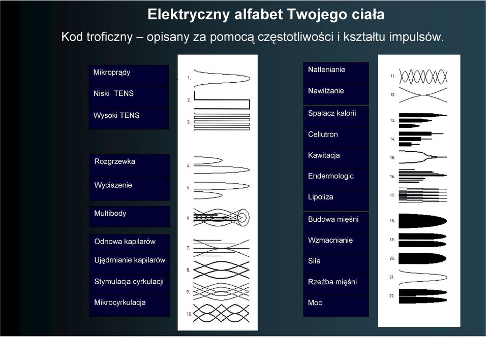 Mikroprądy Niski TENS Wysoki TENS Natlenianie Nawilżanie Spalacz kalorii Cellutron Rozgrzewka