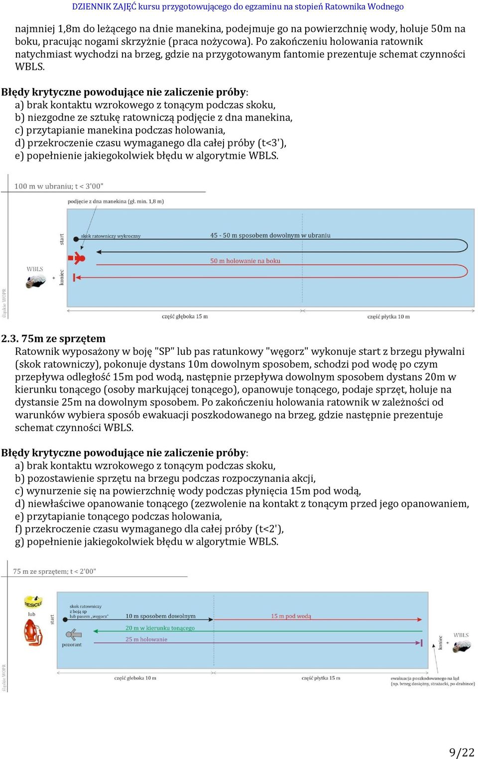 Błędy krytyczne powodujące nie zaliczenie próby: a) brak kontaktu wzrokowego z tonącym podczas skoku, b) niezgodne ze sztukę ratowniczą podjęcie z dna manekina, c) przytapianie manekina podczas