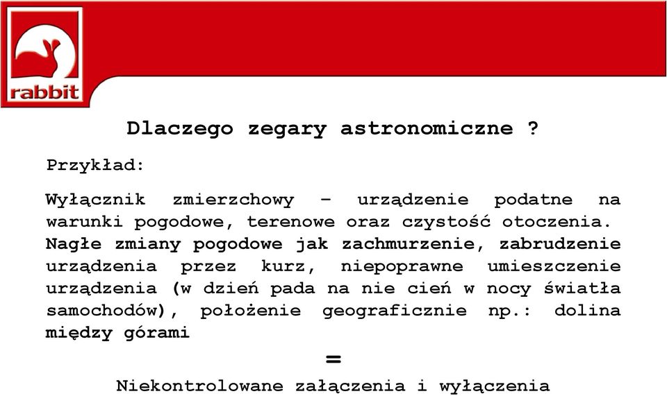 Nagłe zmiany pogodowe jak zachmurzenie, zabrudzenie urządzenia przez kurz, niepoprawne umieszczenie