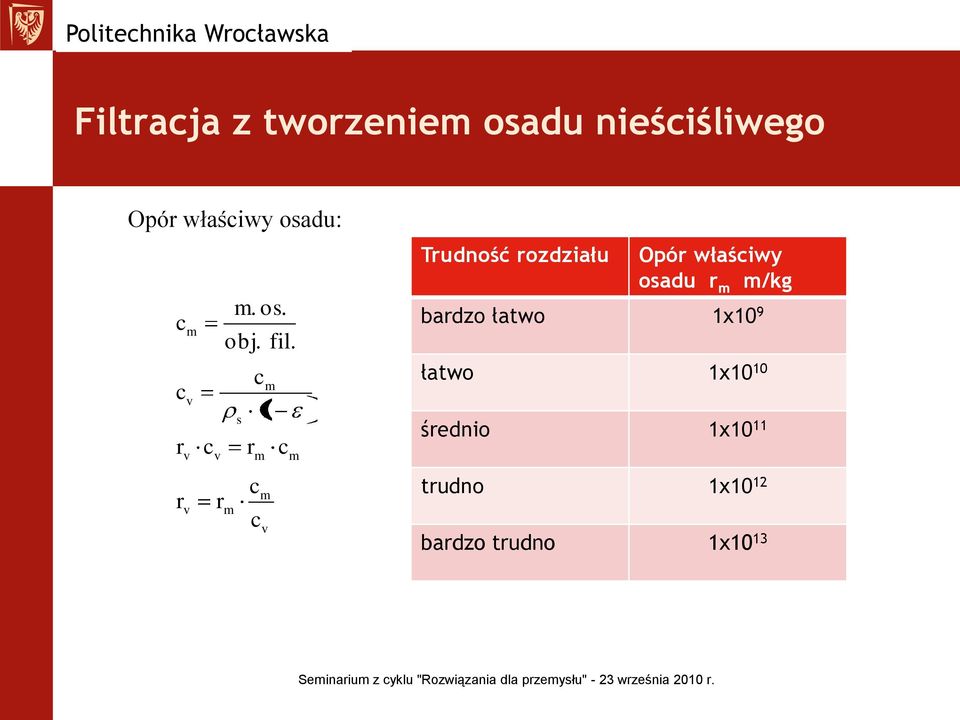 m s cm 1 r m c c m c m Trudność rozdziału Opór właściwy osadu r m