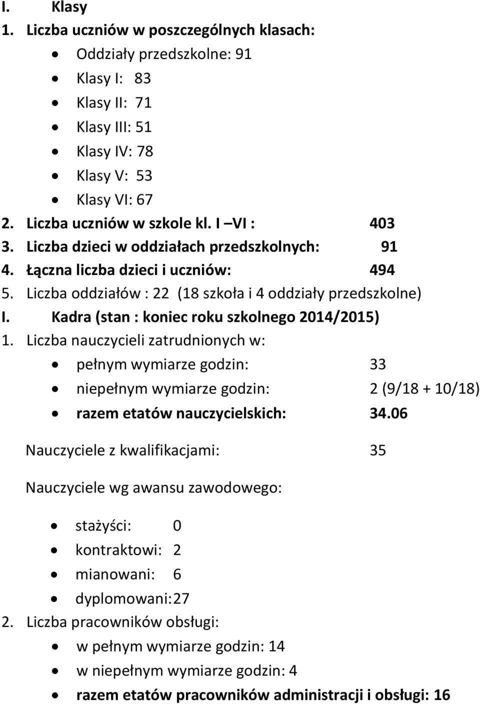 Liczba nauczycieli zatrudnionych w: pełnym wymiarze godzin: 33 niepełnym wymiarze godzin: 2 (9/18 + 10/18) razem etatów nauczycielskich: 34.