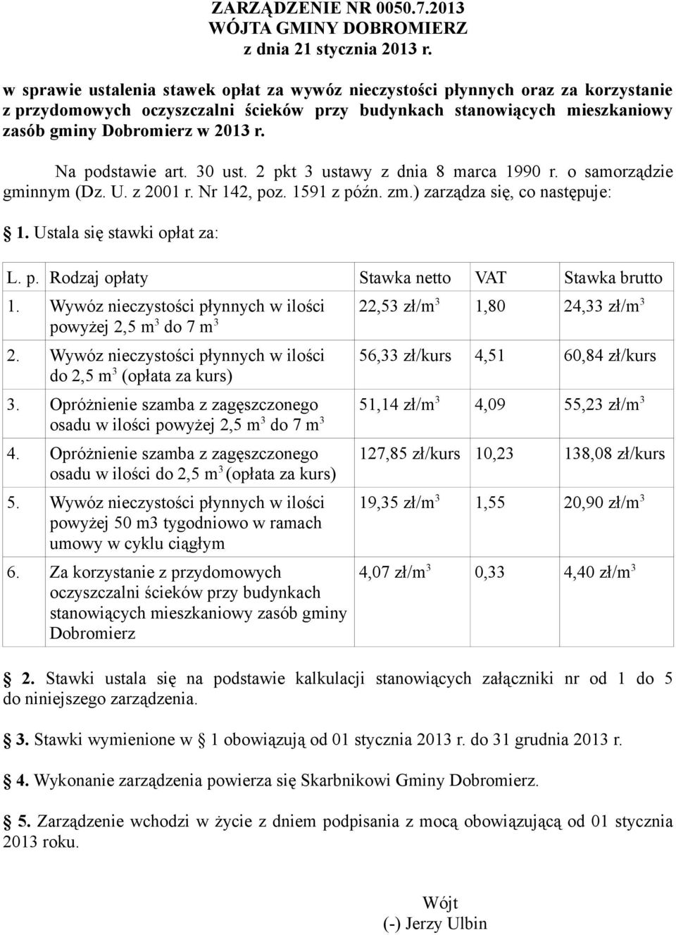 Na podstawie art. 30 ust. 2 pkt 3 ustawy z dnia 8 marca 1990 r. o samorządzie gminnym (Dz. U. z 2001 r. Nr 142, poz. 1591 z późn. zm.) zarządza się, co następuje: 1. Ustala się stawki opłat za: L. p. Rodzaj opłaty Stawka netto VAT Stawka brutto 1.