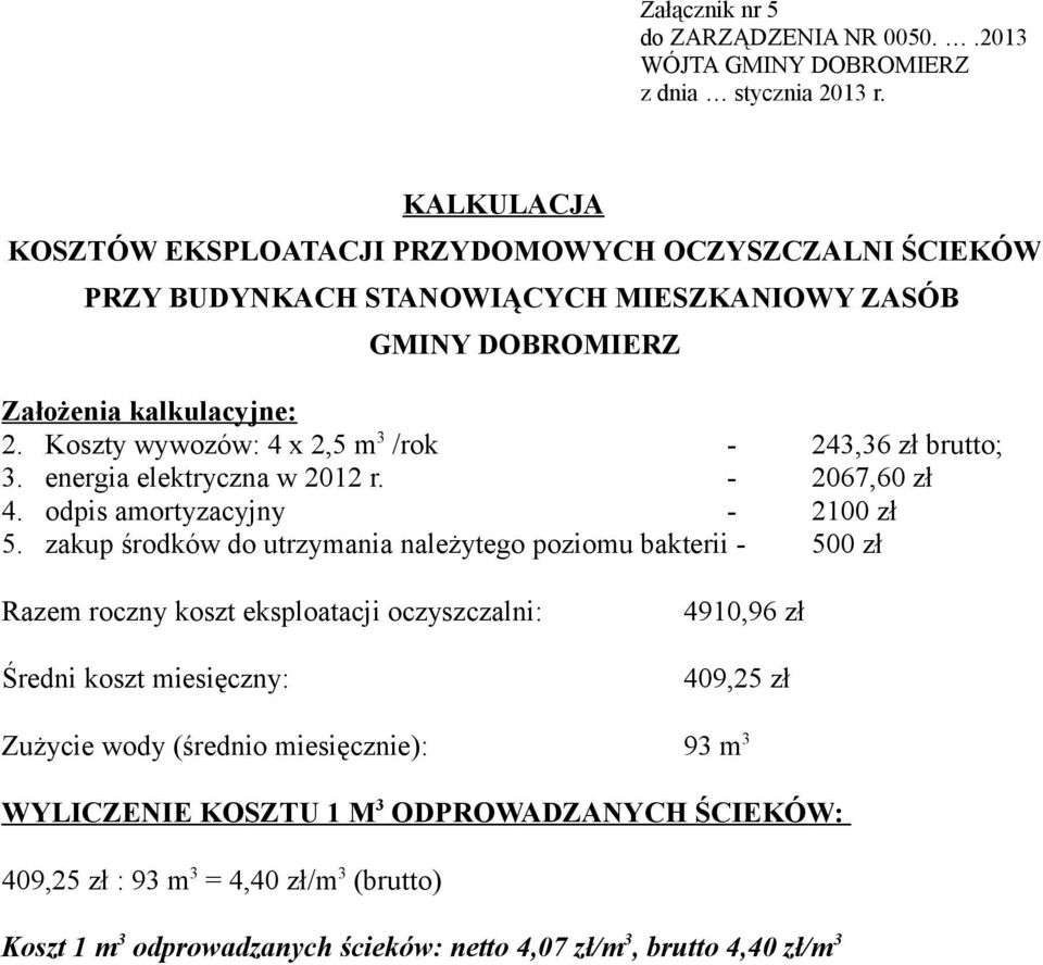 Koszty wywozów: 4 x 2,5 m 3 /rok - 243,36 zł brutto; 3. energia elektryczna w 2012 r. - 2067,60 zł 4. odpis amortyzacyjny - 2100 zł 5.