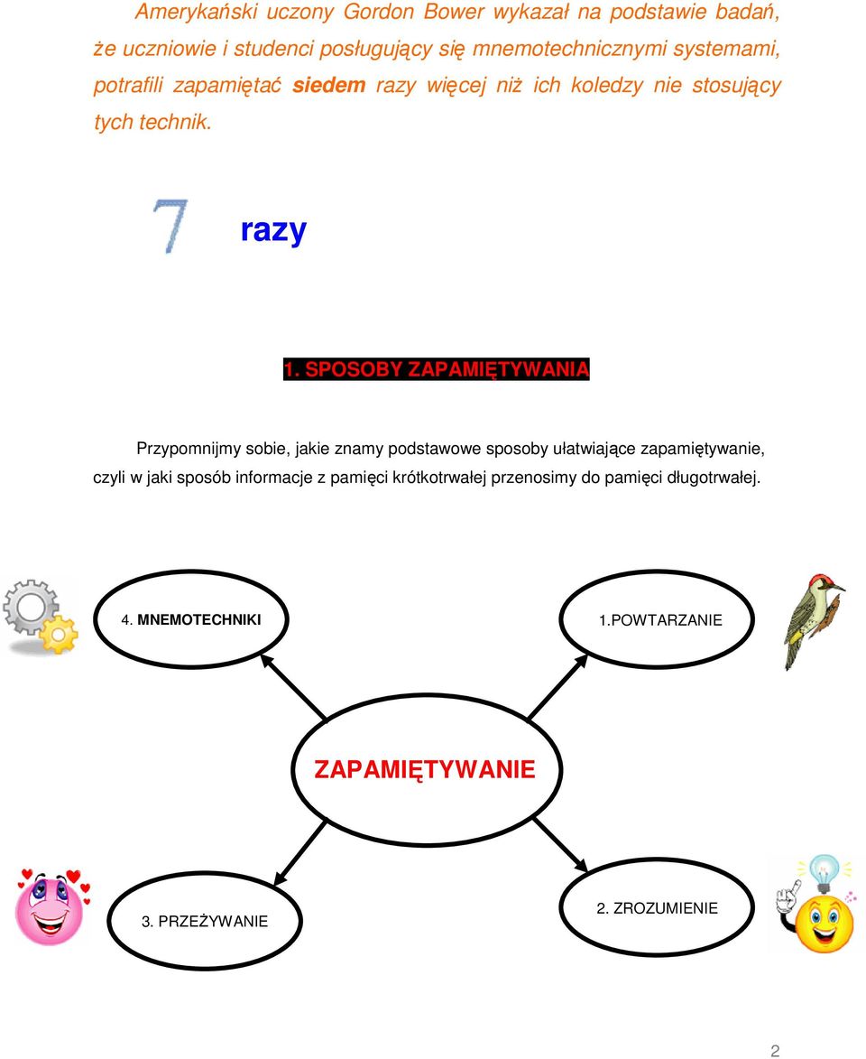 SPOSOBY ZAPAMIĘTYWANIA Przypomnijmy sobie, jakie znamy podstawowe sposoby ułatwiające zapamiętywanie, czyli w jaki sposób