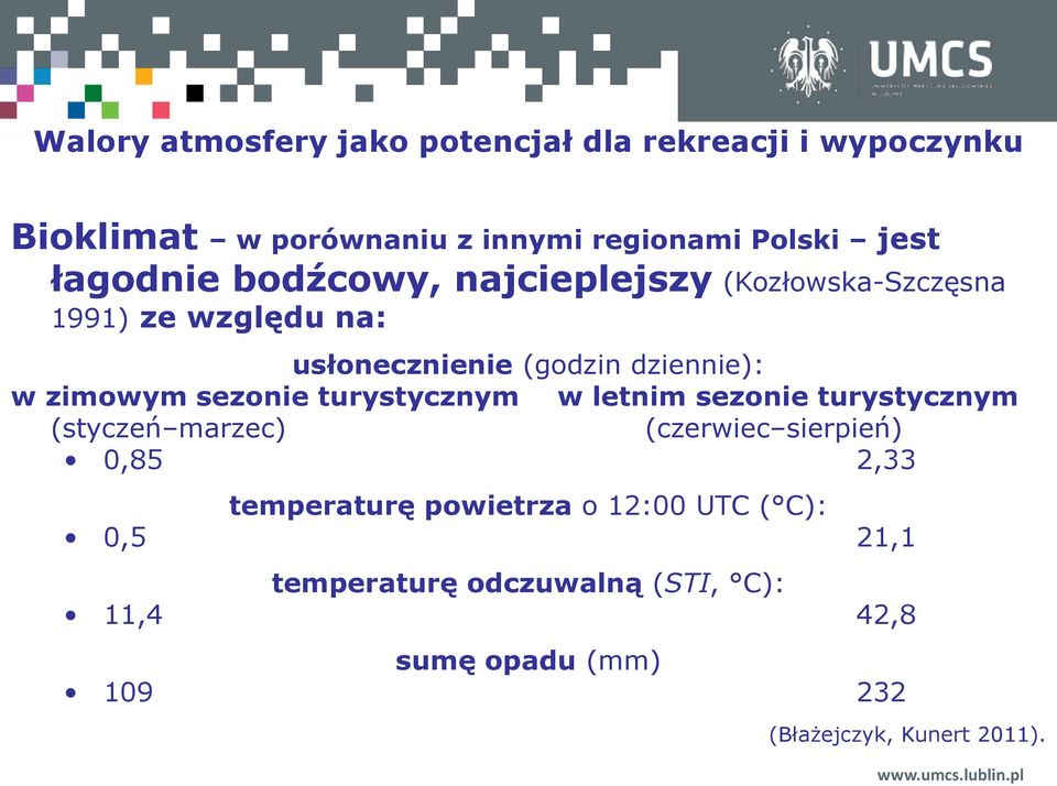 sezonie turystycznym w letnim sezonie turystycznym (styczeń marzec) (czerwiec sierpień) 0,85 2,33 temperaturę