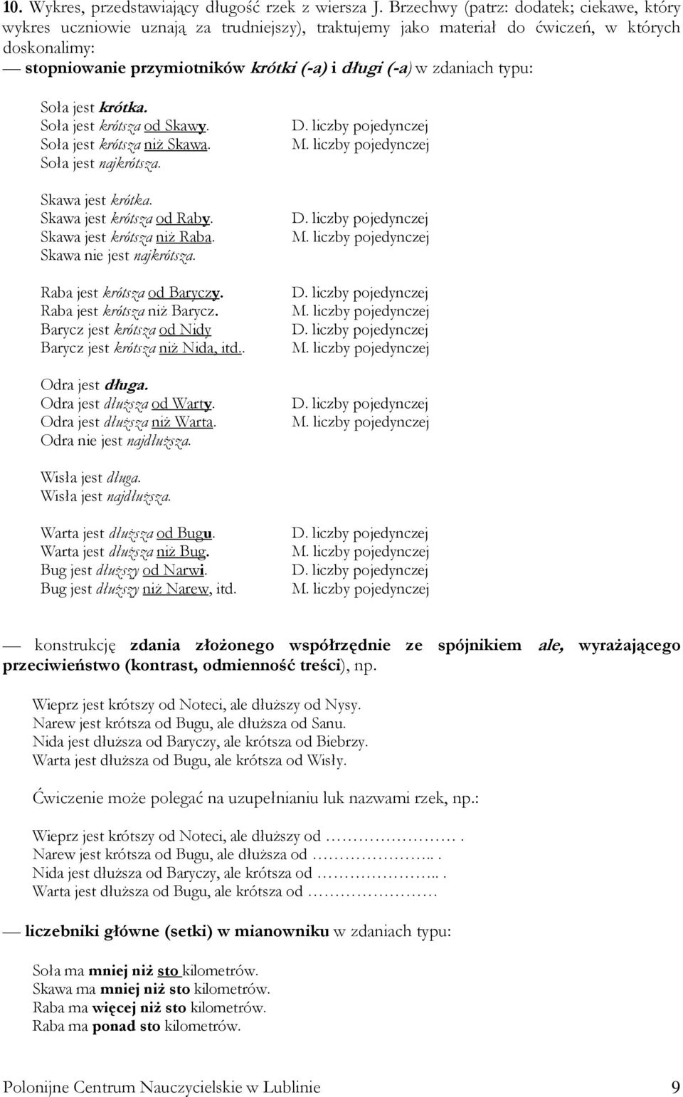 zdaniach typu: Soła jest krótka. Soła jest krótsza od Skawy. Soła jest krótsza niŝ Skawa. Soła jest najkrótsza. Skawa jest krótka. Skawa jest krótsza od Raby. Skawa jest krótsza niŝ Raba.