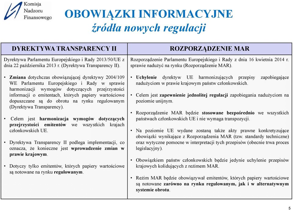 dopuszczane są do obrotu na rynku regulowanym (Dyrektywa Transparency). Celem jest harmonizacja wymogów dotyczących przejrzystości emitentów we wszystkich krajach członkowskich UE.