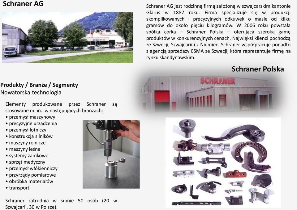 W 2006 roku powstała spółka córka Schraner Polska oferująca szeroką gamę produktów w konkurencyjnych cenach. Najwięksi klienci pochodzą ze Szwecji, Szwajcarii i z Niemiec.