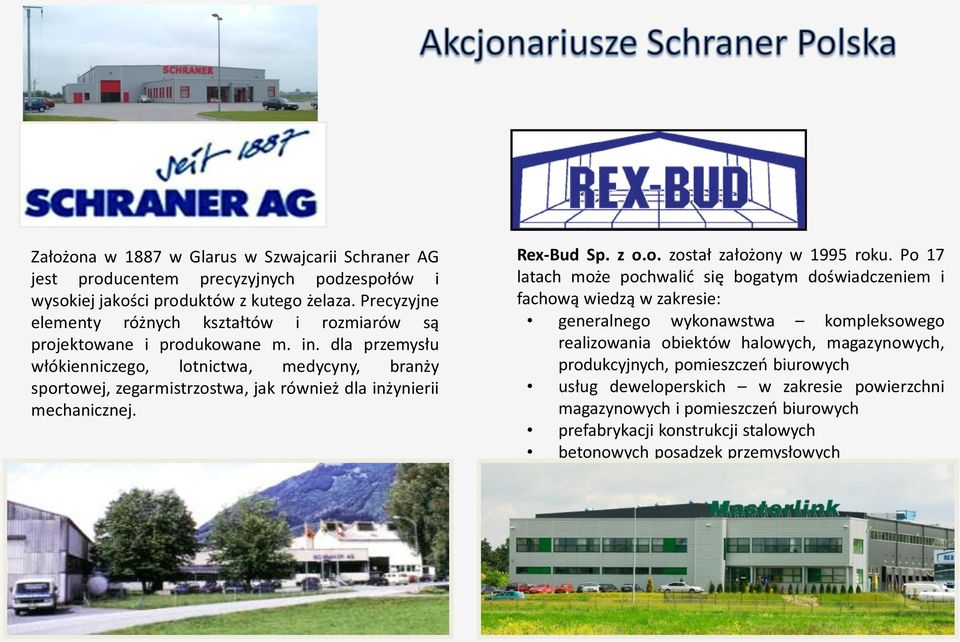 dla przemysłu włókienniczego, lotnictwa, medycyny, branży sportowej, zegarmistrzostwa, jak również dla inżynierii mechanicznej. Rex-Bud Sp. z o.o. został założony w 1995 roku.