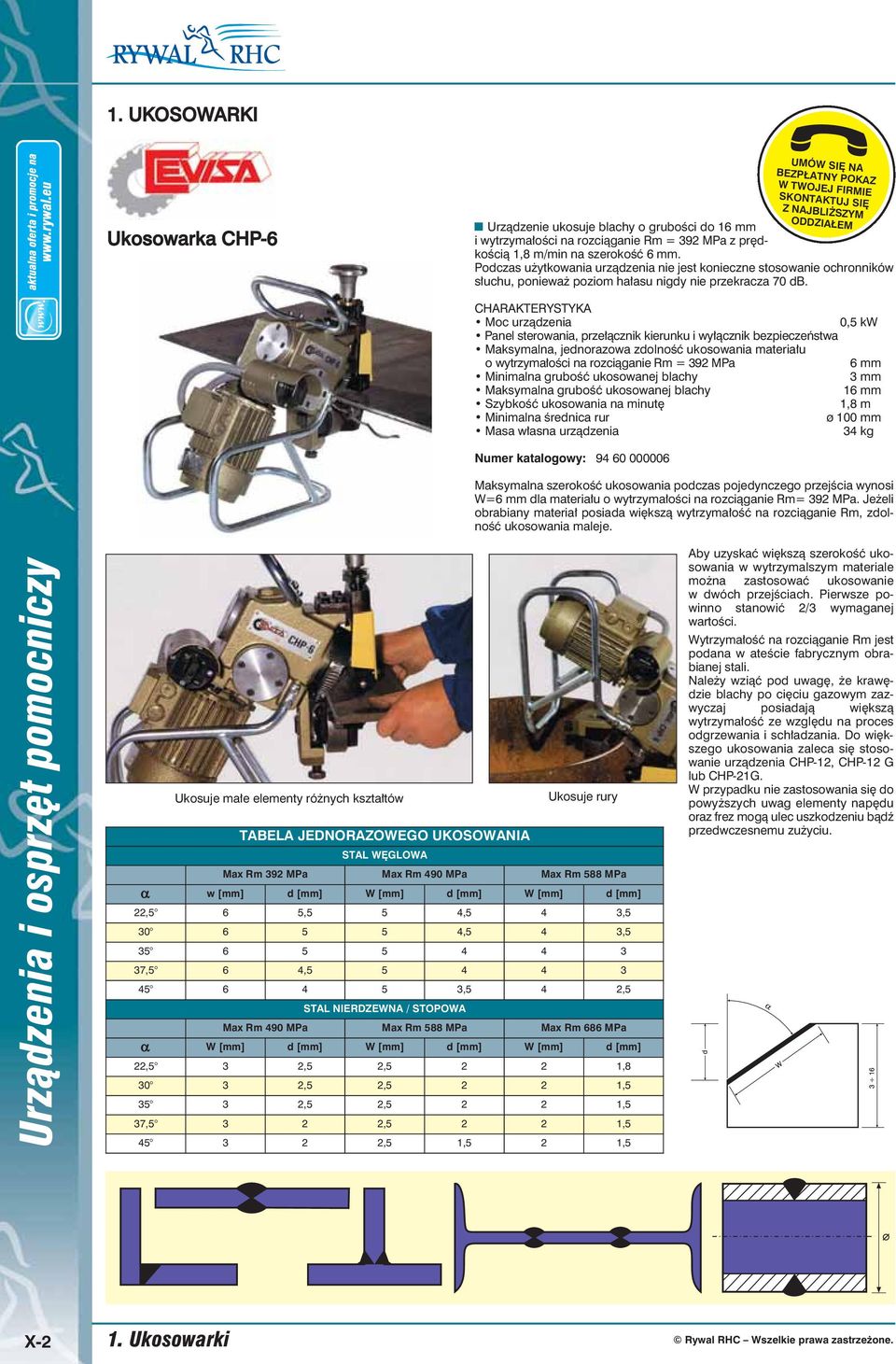 CHARAKTERYSTYKA urządzenia 0,5 kw Panel sterowania, przełącznik kierunku i wyłącznik bezpieczeństwa Maksymalna, jednorazowa zdolność ukosowania materiału o wytrzymałości na rozciąganie Rm = 392 MPa 6