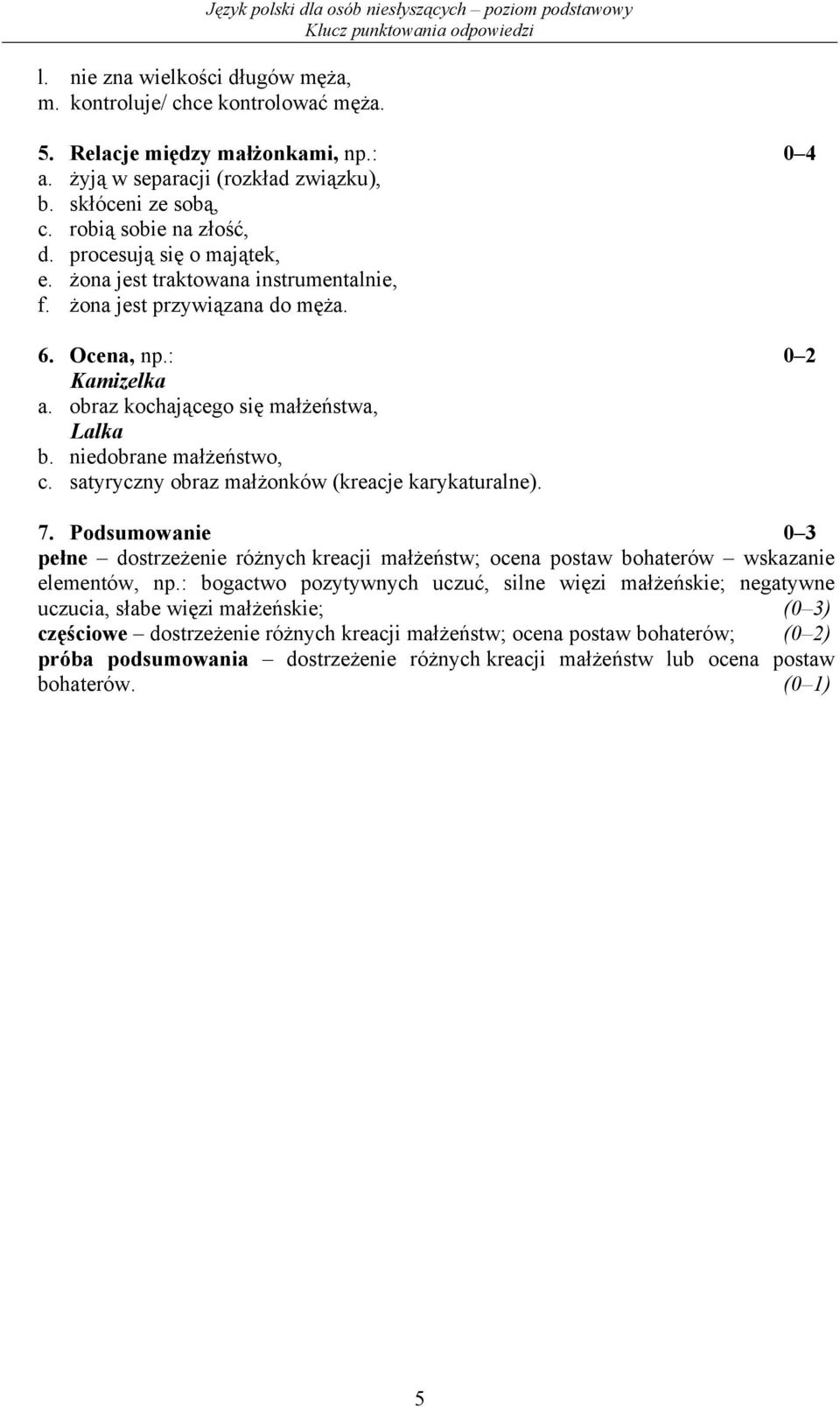 satyryczny obraz małżonków (kreacje karykaturalne). 7. Podsumowanie 0 3 pełne dostrzeżenie różnych kreacji małżeństw; ocena postaw bohaterów wskazanie elementów, np.
