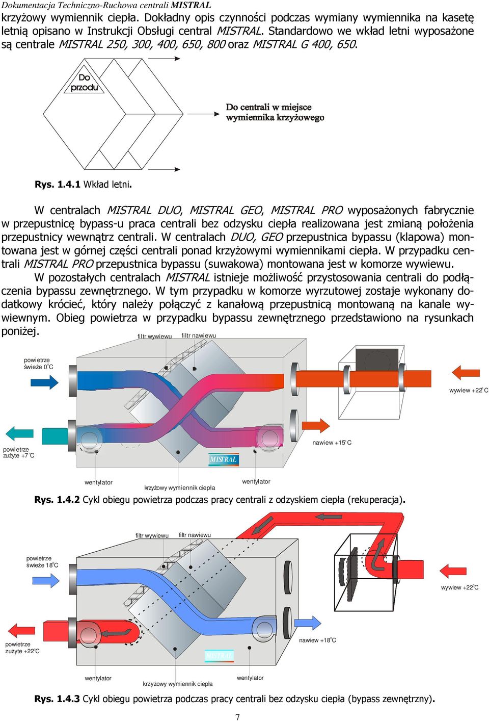 W centralach MISTRAL DUO, MISTRAL GEO, MISTRAL PRO wyposażonych fabrycznie w przepustnicę bypass-u praca centrali bez odzysku ciepła realizowana jest zmianą położenia przepustnicy wewnątrz centrali.