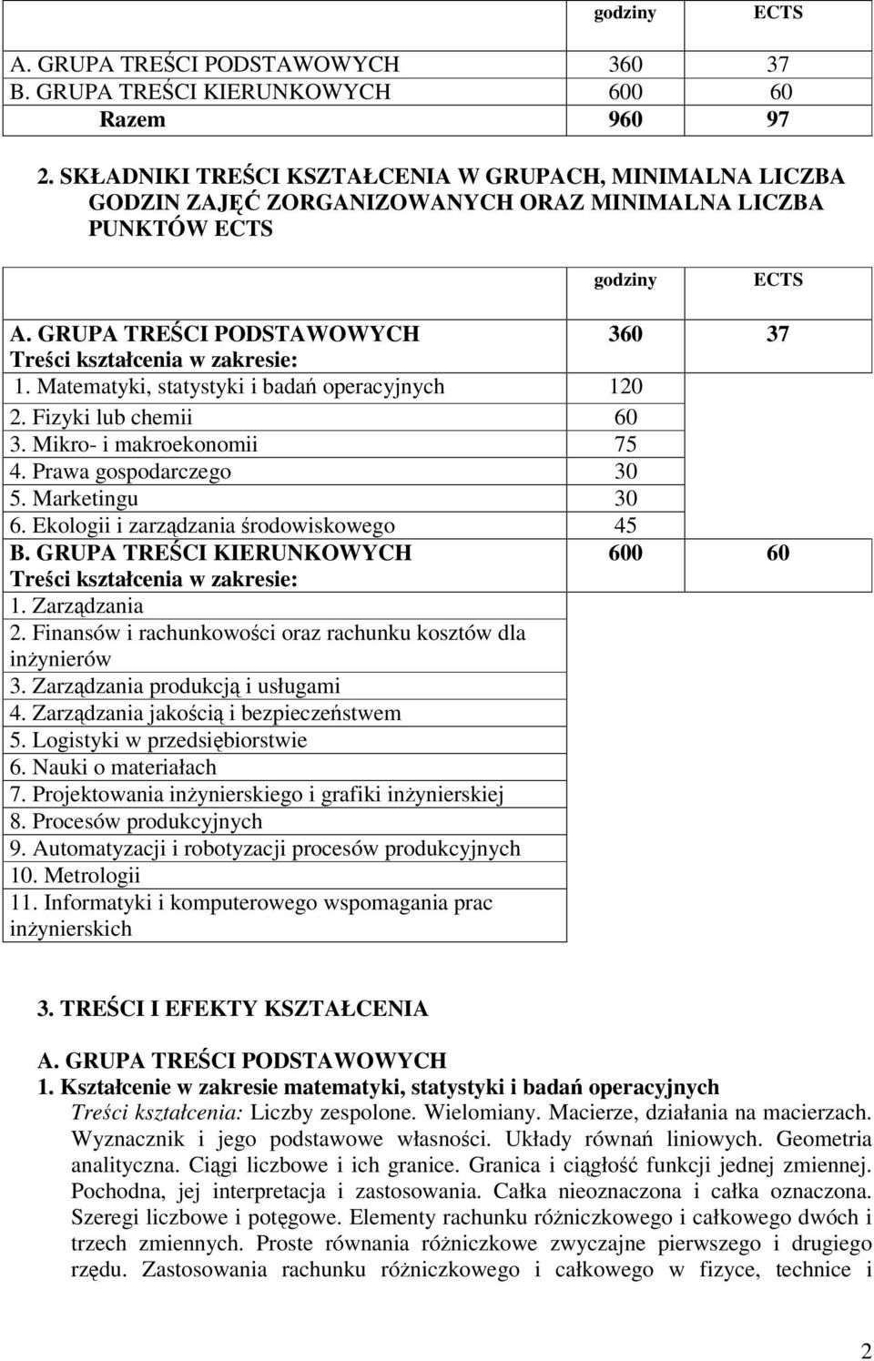 Matematyki, statystyki i bada operacyjnych 120 2. Fizyki lub chemii 60 3. Mikro- i makroekonomii 75 4. Prawa gospodarczego 30 5. Marketingu 30 6. Ekologii i zarzdzania rodowiskowego 45 B.