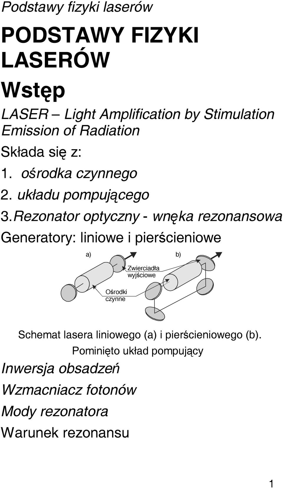 Rezonator optyczny - wnęka rezonansowa Generatory: liniowe i pierścieniowe a) b) Ośrodki czynne