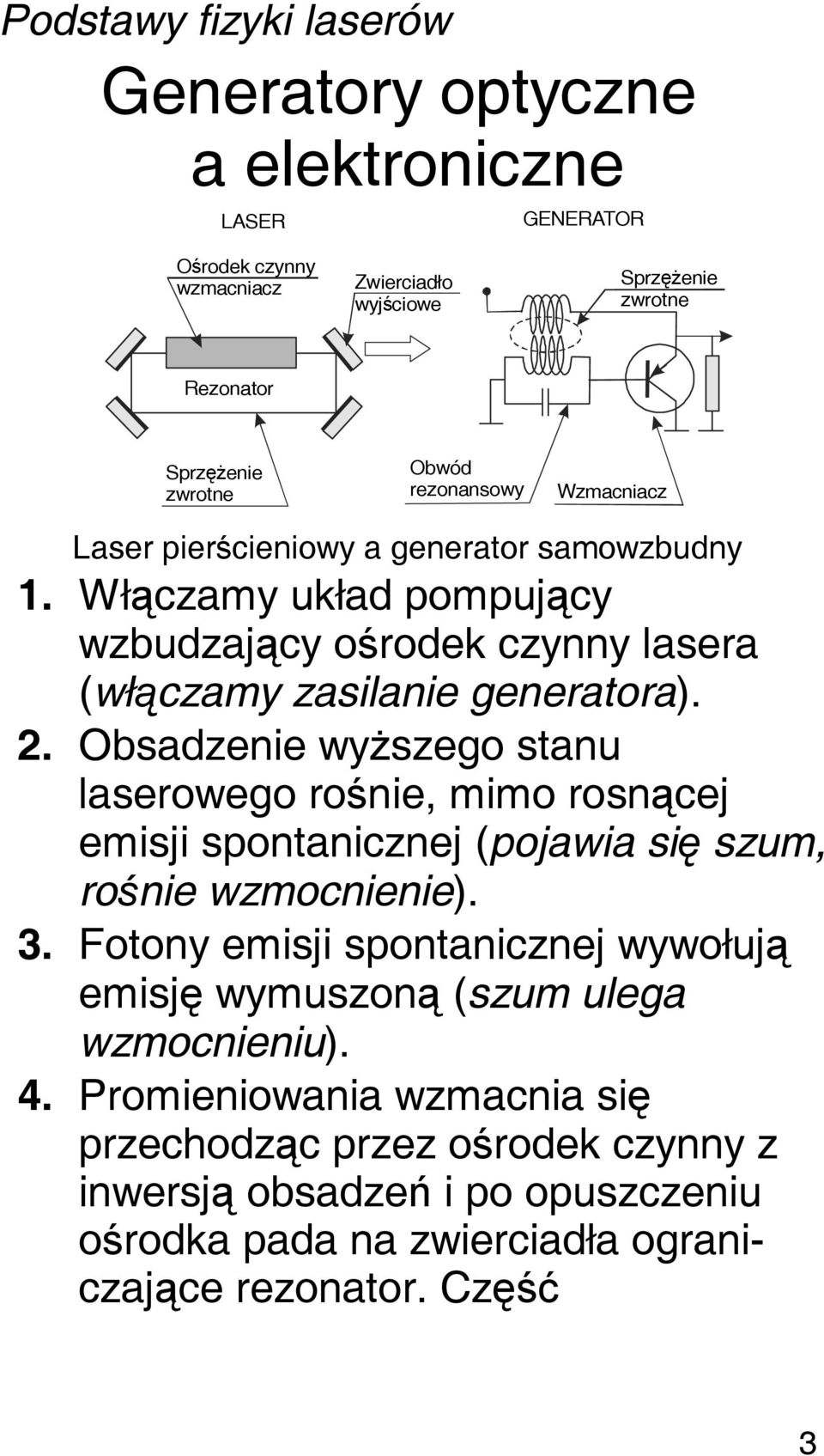 . Obsadzenie wyższego stanu laserowego rośnie, mimo rosnącej emisji spontanicznej (pojawia się szum, rośnie wzmocnienie). 3.