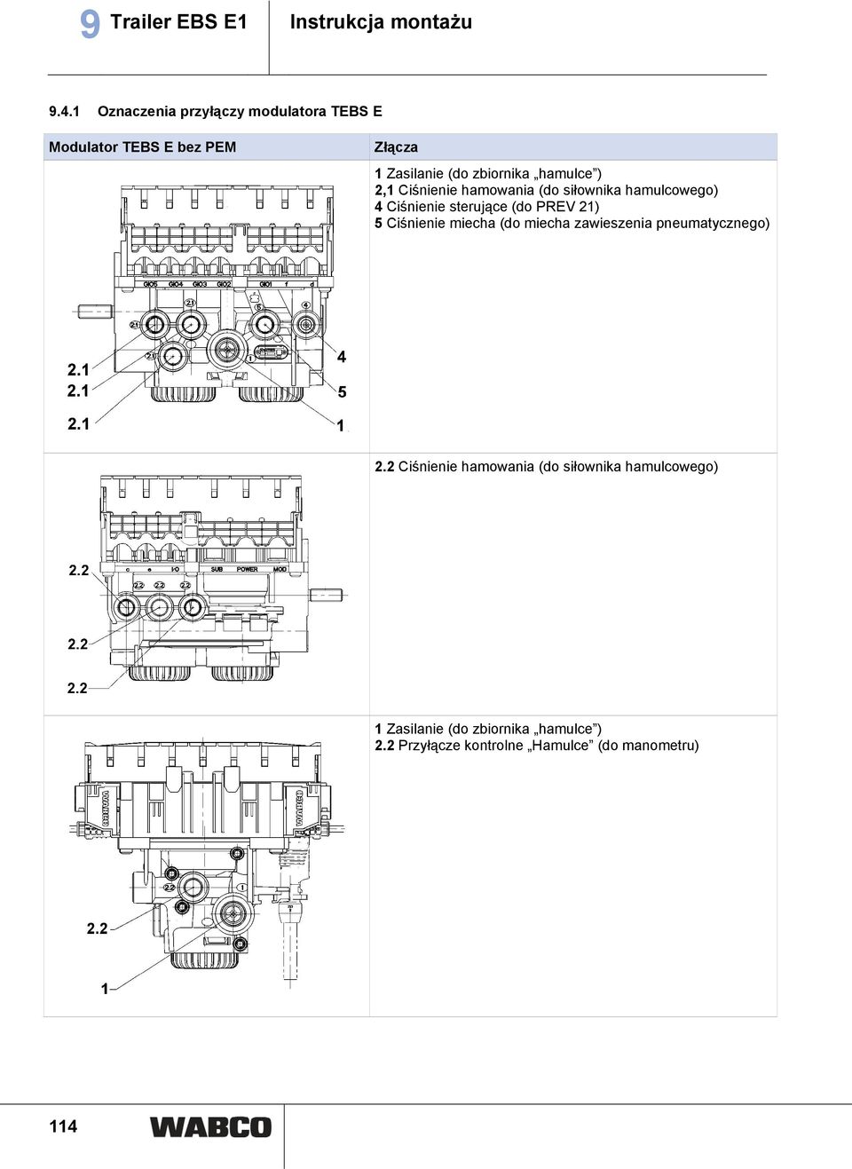 ) 2,1 Ciśnienie hamowania (do siłownika hamulcowego) 4 Ciśnienie sterujące (do PREV 21) 5 Ciśnienie miecha
