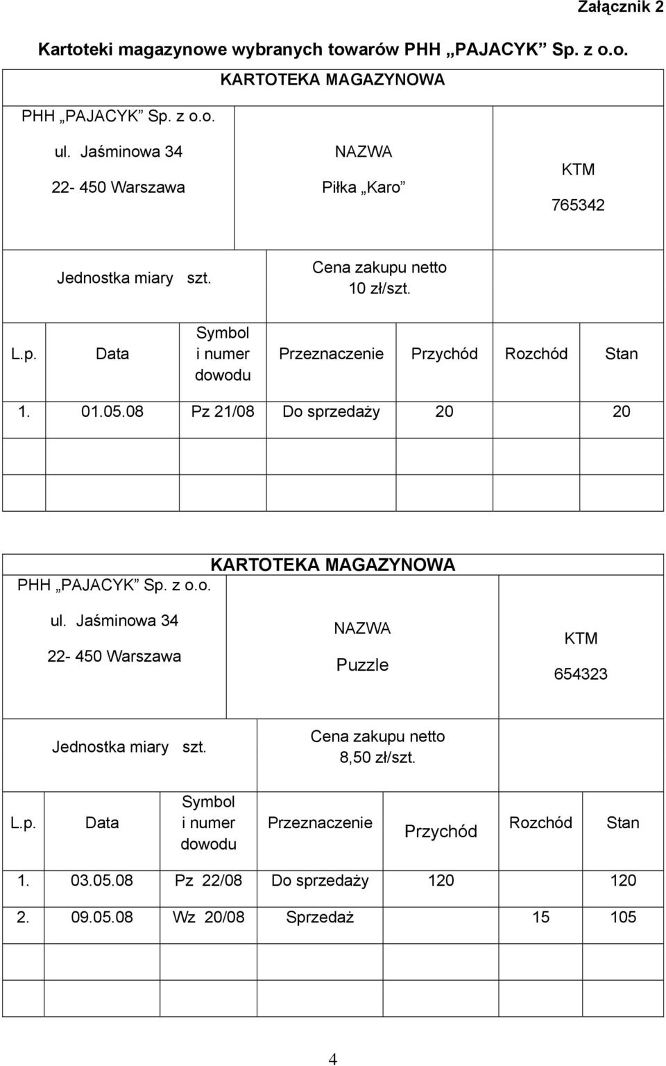 01.05.08 Pz 21/08 Do sprzedaży 20 20 KARTOTEKA MAGAZYNOWA PHH PAJACYK Sp. z o.o. ul. Jaśminowa 34 22-450 Warszawa NAZWA Puzzle KTM 654323 Jednostka miary szt.