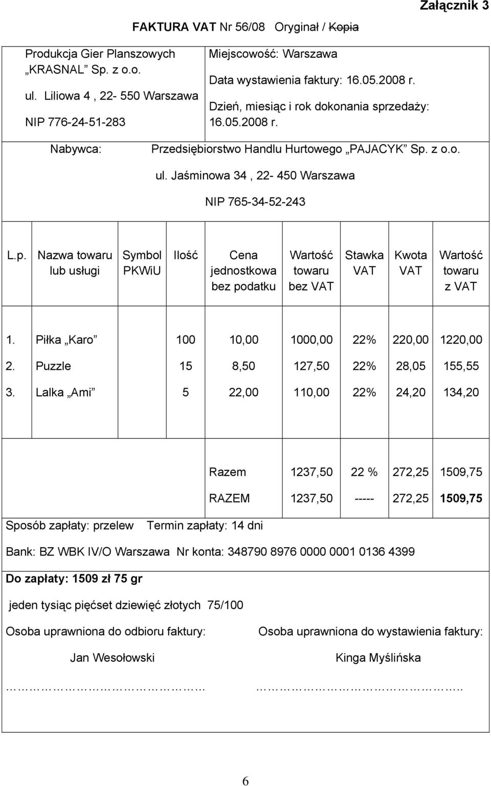 Piłka Karo 100 10,00 1000,00 22% 220,00 1220,00 2. Puzzle 15 8,50 127,50 22% 28,05 155,55 3.