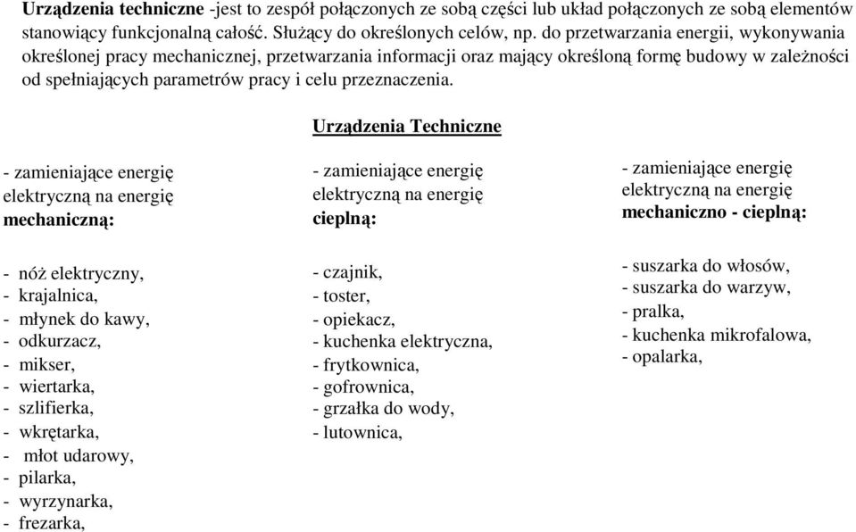 Urządzenia Techniczne - zamieniające energię elektryczną na energię mechaniczną: - nóŝ elektryczny, - krajalnica, - młynek do kawy, - odkurzacz, - mikser, - wiertarka, - szlifierka, - wkrętarka, -