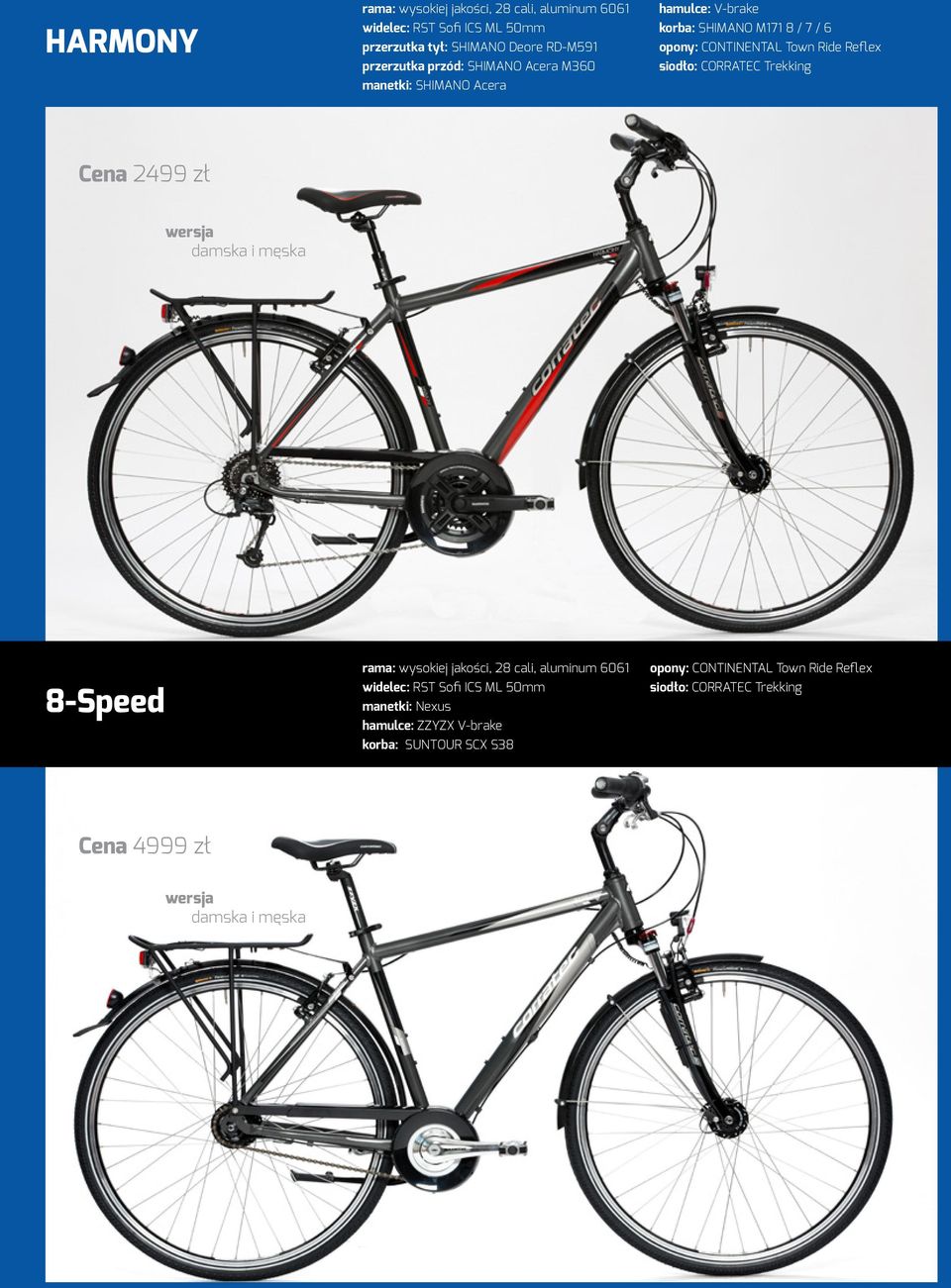 Trekking Cena 2499 zł wersja damska i męska 8-Speed rama: wysokiej jakości, 28 cali, aluminum 6061 widelec: RST Sofi ICS ML 50mm manetki: