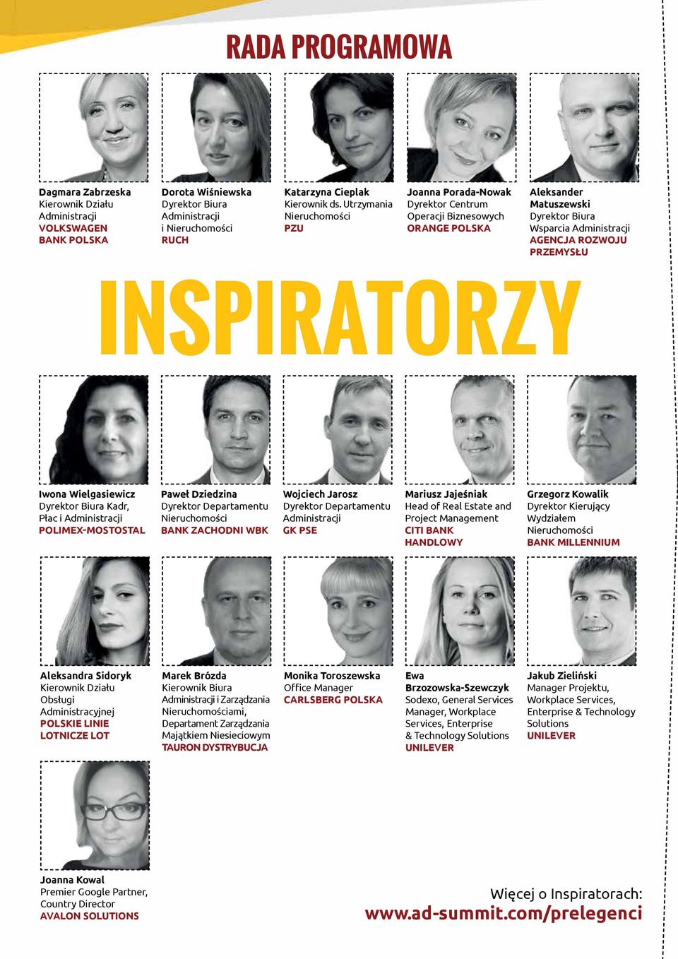 INSPIRATORZY Iwona Wielgasiewicz Dyrektor Biura Kadr, Płac i Administracji POLIMEX-MOSTOSTAL Paweł Dziedzina Dyrektor Departamentu Nieruchomości BANK ZACHODNI WBK Wojciech Jarosz Dyrektor