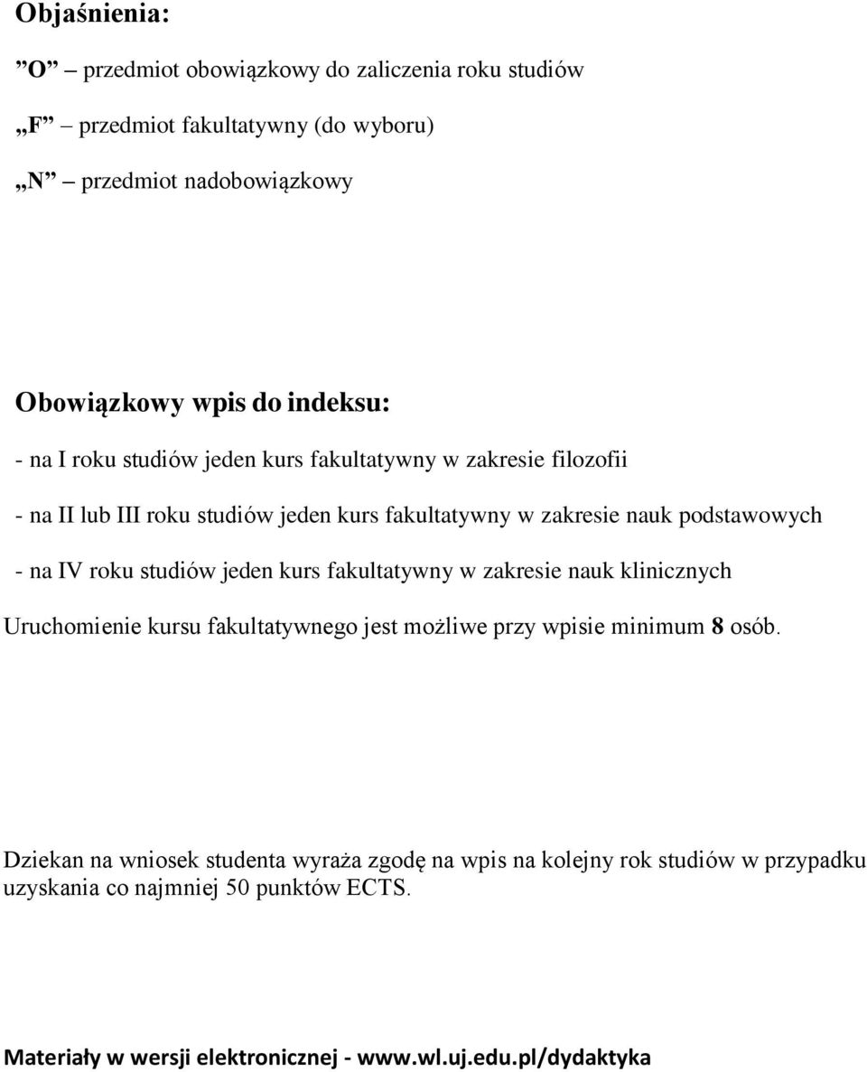 studiów jeden kurs fakultatywny w zakresie nauk klinicznych Uruchomienie kursu fakultatywnego jest możliwe przy wpisie minimum 8 osób.