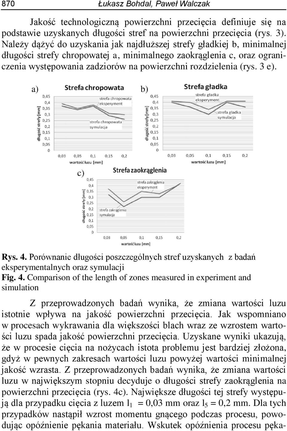 (rys. 3 e). Rys. 4. Porównanie długości poszczególnych stref uzyskanych z badań eksperymentalnych oraz symulacji Fig. 4. Comparison of the length of zones measured in experiment and simulation Z przeprowadzonych badań wynika, że zmiana wartości luzu istotnie wpływa na jakość powierzchni przecięcia.