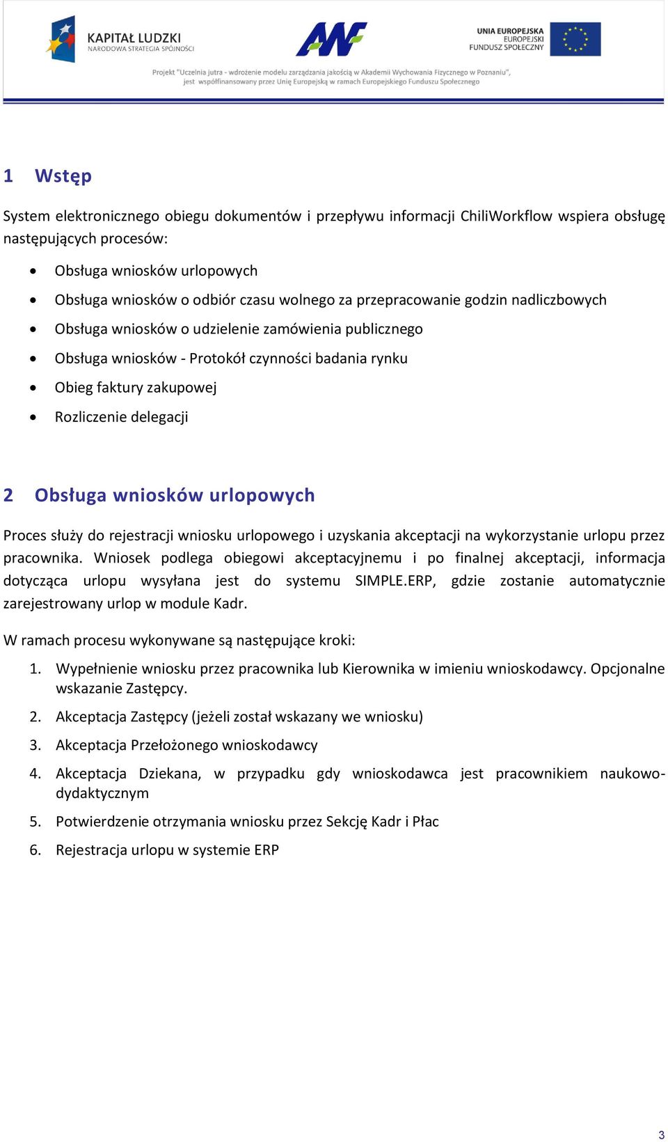 wniosków urlopowych Proces służy do rejestracji wniosku urlopowego i uzyskania akceptacji na wykorzystanie urlopu przez pracownika.