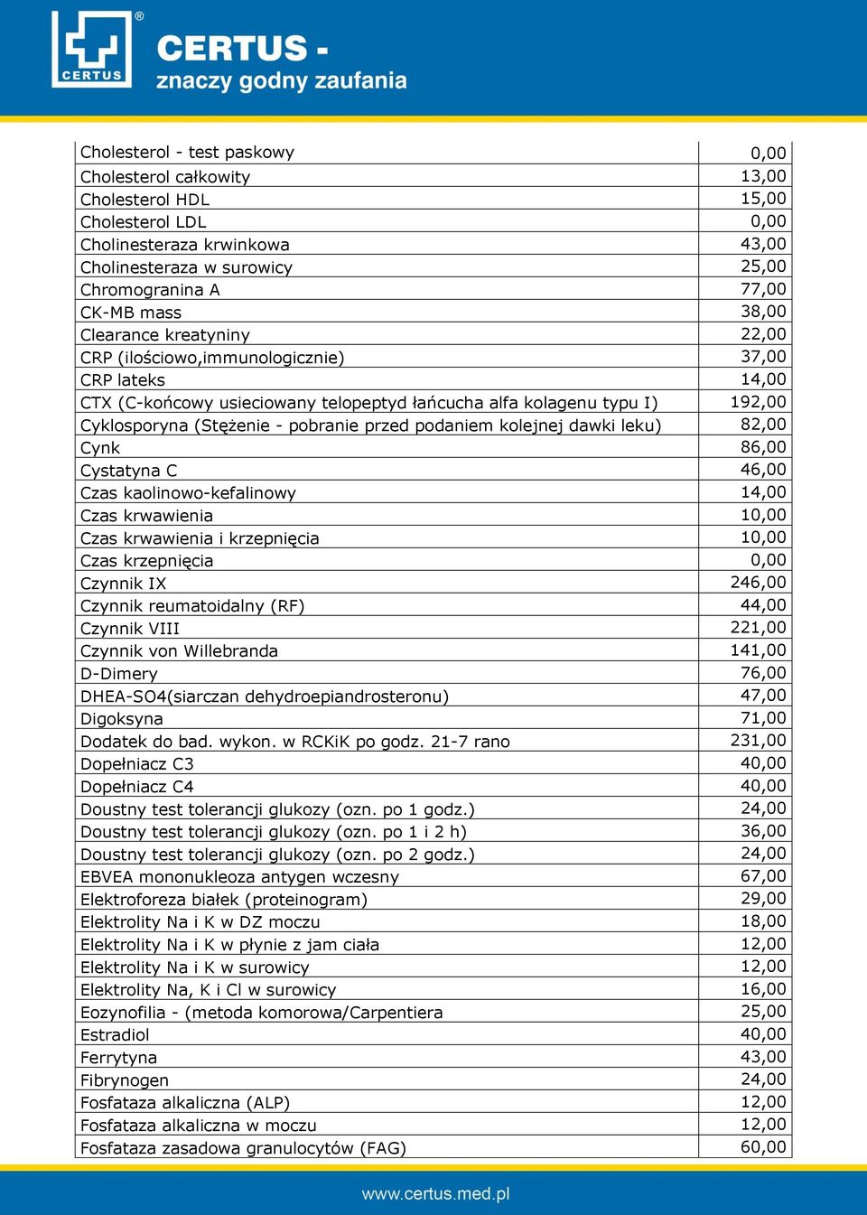 przed podaniem kolejnej dawki leku) 82,00 Cynk 86,00 Cystatyna C 46,00 Czas kaolinowo-kefalinowy 14,00 Czas krwawienia 10,00 Czas krwawienia i krzepnięcia 10,00 Czas krzepnięcia 0,00 Czynnik IX