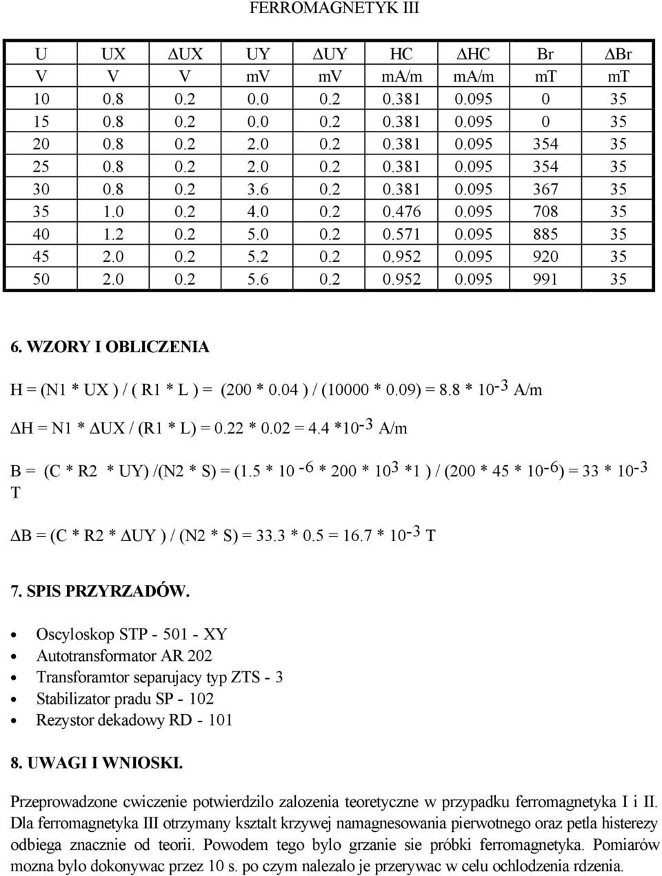 WZORY I OBLICZENIA H = (N1 * UX ) / ( R1 * L ) = (200 * 0.04 ) / (10000 * 0.09) = 8.8 * 10-3 A/m H = N1 * UX / (R1 * L) = 0.22 * 0.02 = 4.4 *10-3 A/m B = (C * R2 * UY) /(N2 * S) = (1.