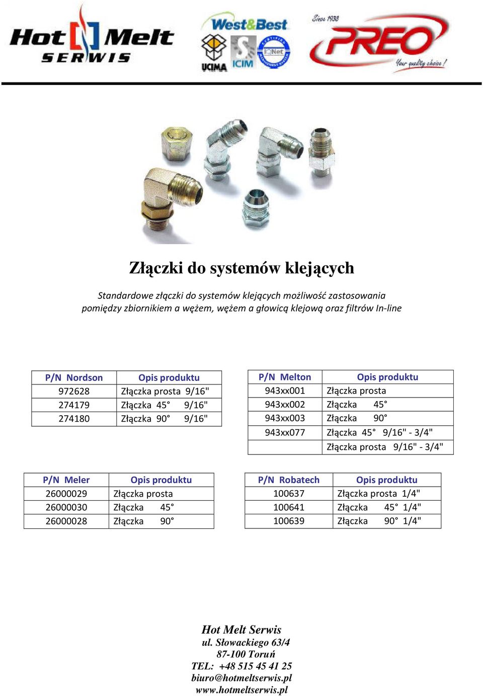 Złączka prosta 943xx002 Złączka 45 943xx003 Złączka 90 943xx077 Złączka 45 9/16" - 3/4" Złączka prosta 9/16" - 3/4" P/N Meler Opis produktu