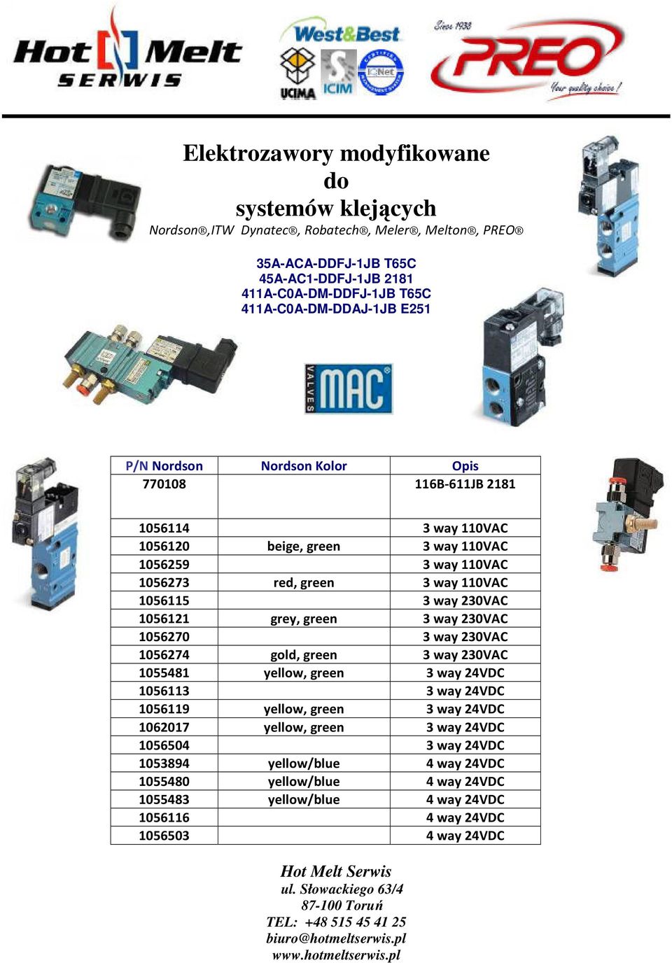 110VAC 1056115 3 way 230VAC 1056121 grey, green 3 way 230VAC 1056270 3 way 230VAC 1056274 gold, green 3 way 230VAC 1055481 yellow, green 3 way 24VDC 1056113 3 way 24VDC 1056119 yellow,