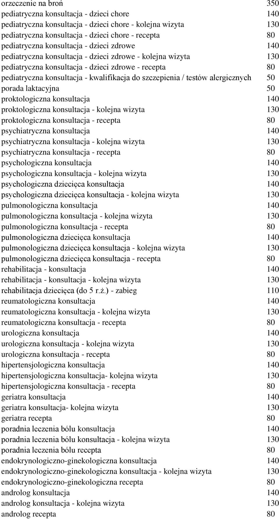 szczepienia / testów alergicznych 50 porada laktacyjna 50 proktologiczna konsultacja 140 proktologiczna konsultacja - kolejna wizyta 130 proktologiczna konsultacja - recepta 80 psychiatryczna