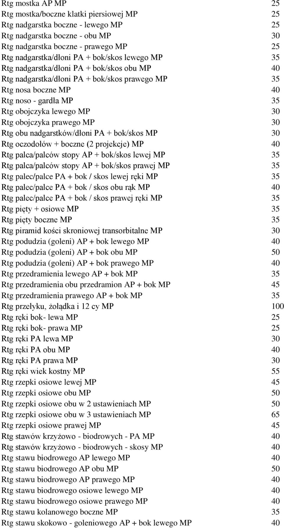 obojczyka prawego MP 30 Rtg obu nadgarstków/dłoni PA + bok/skos MP 30 Rtg oczodołów + boczne (2 projekcje) MP 40 Rtg palca/palców stopy AP + bok/skos lewej MP 35 Rtg palca/palców stopy AP + bok/skos