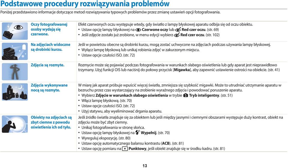 Efekt czerwonych oczu występuje wtedy, gdy światło z lampy błyskowej aparatu odbija się od oczu obiektu. Ustaw opcję lampy błyskowej na Czerwone oczy lub Red czer oczu. (str.