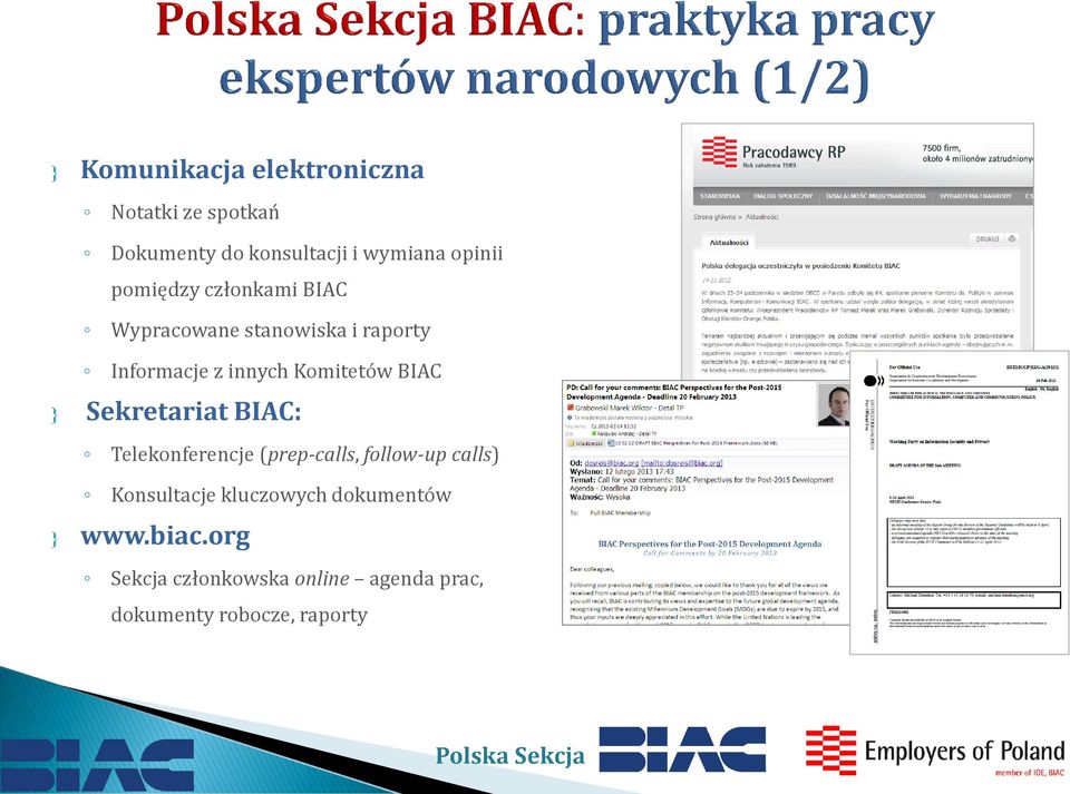 BIAC Sekretariat BIAC: Telekonferencje (prep-calls, follow-up calls) Konsultacje