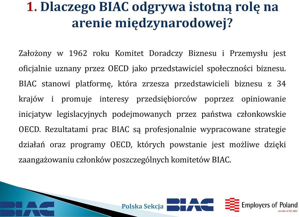 BIAC stanowi platformę, która zrzesza przedstawicieli biznesu z 34 krajów i promuje interesy przedsiębiorców poprzez opiniowanie