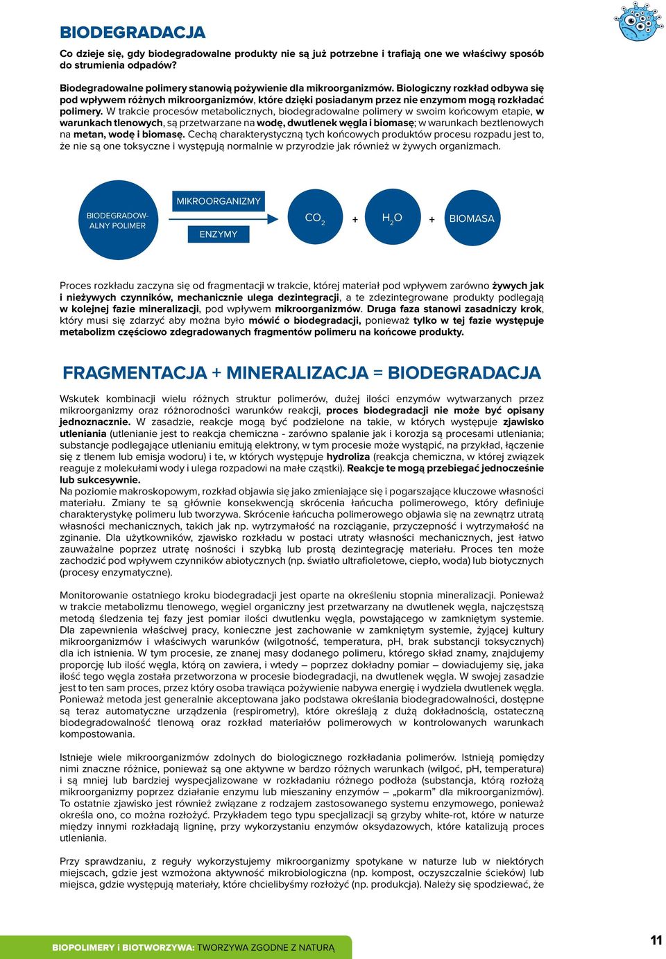 W trakcie procesów metabolicznych, biodegradowalne polimery w swoim końcowym etapie, w warunkach tlenowych, są przetwarzane na wodę, dwutlenek węgla i biomasę; w warunkach beztlenowych na metan, wodę