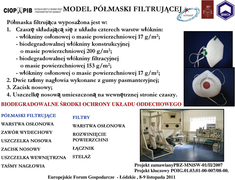 biodegradowalnej włókniny filtracyjnej o masie powierzchniowej 153 g/m 2 ; - włókniny osłonowej o masie powierzchniowej 17 g/m 2 ; 2. Dwie taśmy nagłowia wykonane z gumy pasmanteryjnej; 3.