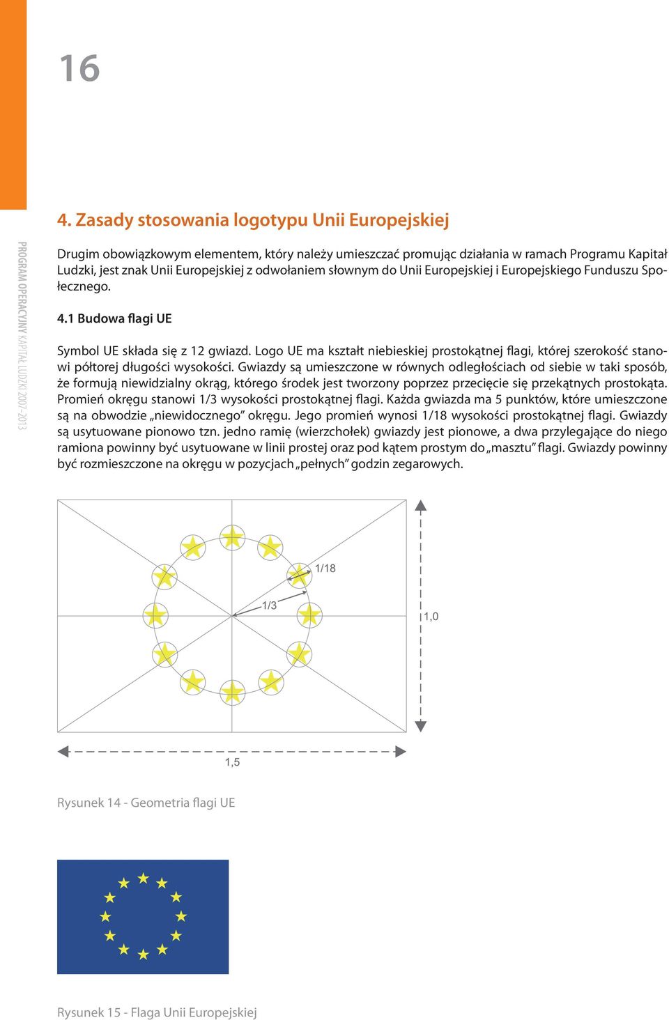 Logo UE ma kształt niebieskiej prostokątnej flagi, której szerokość stanowi półtorej długości wysokości.