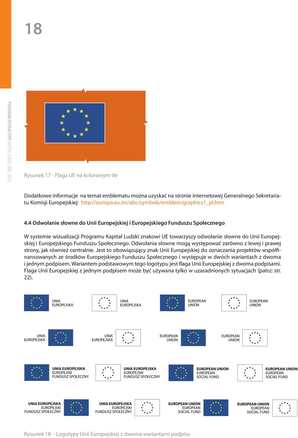 4 Odwołanie słowne do Unii Europejskiej i Europejskiego Funduszu Społecznego W systemie wizualizacji Programu Kapitał Ludzki znakowi UE towarzyszy odwołanie słowne do Unii Europejskiej i