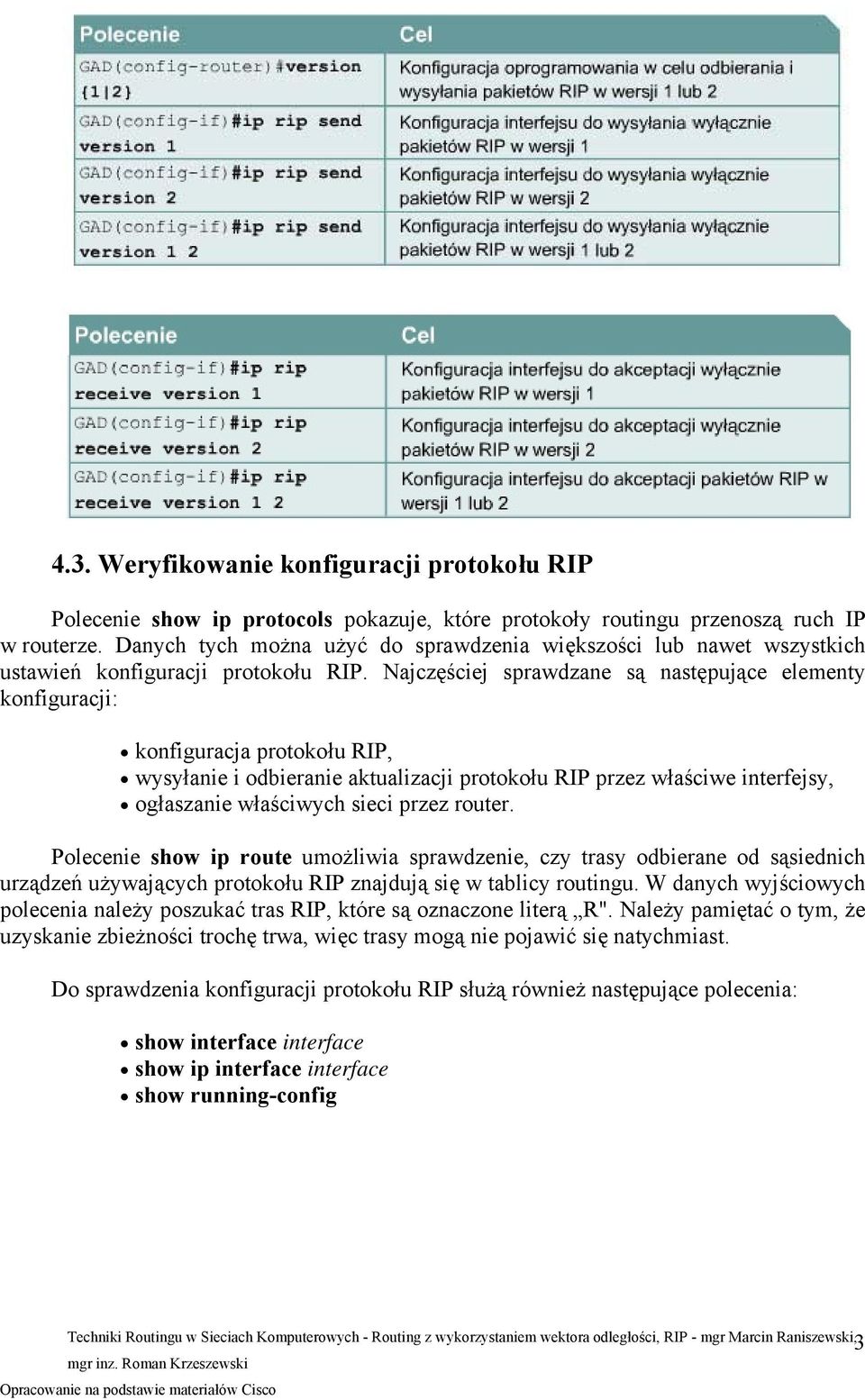 Najczęściej sprawdzane są następujące elementy konfiguracji: konfiguracja protokołu RIP, wysyłanie i odbieranie aktualizacji protokołu RIP przez właściwe interfejsy, ogłaszanie właściwych sieci przez