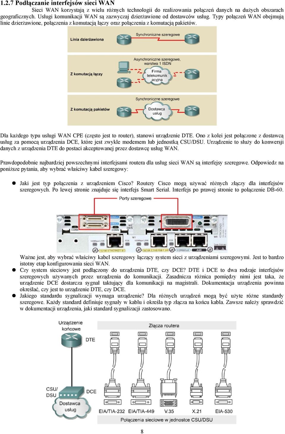 Dla każdego typu usługi WAN CPE (często jest to router), stanowi urządzenie DTE. Ono z kolei jest połączone z dostawcą usług za pomocą urządzenia DCE, które jest zwykle modemem lub jednostką CSU/DSU.